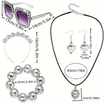 Sky Ornaments Retro 1970-ih Komplet Nakita — Ručno izrađeno od ABS-a, Uže na lanac, Kružni privjesak; Uključuje Ogrlicu, Naušnice, Narukvicu, Gumicu za Kosu i Kristalne Sunčane Naočale