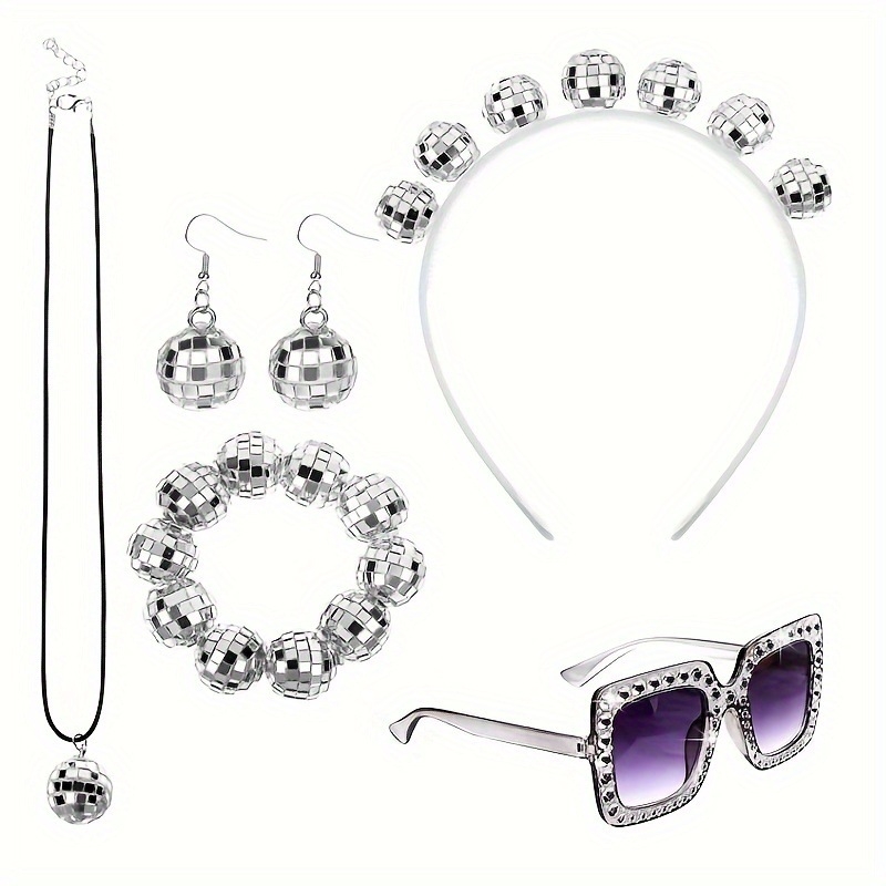 Sky Ornaments Retro 1970-ih Komplet Nakita — Ručno izrađeno od ABS-a, Uže na lanac, Kružni privjesak; Uključuje Ogrlicu, Naušnice, Narukvicu, Gumicu za Kosu i Kristalne Sunčane Naočale