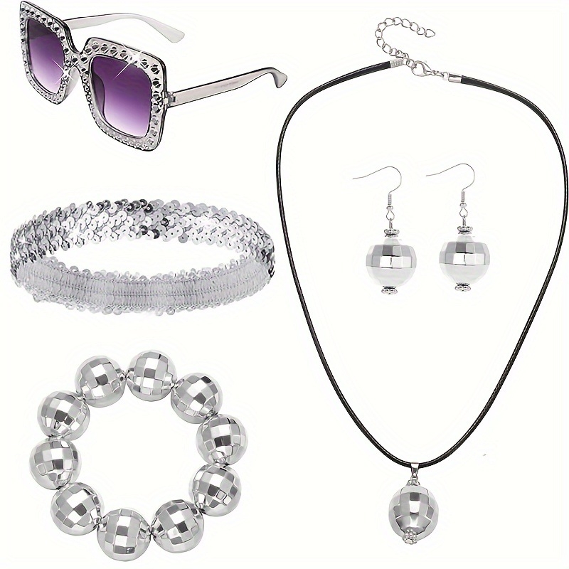 Sky Ornaments Retro 1970-ih Komplet Nakita — Ručno izrađeno od ABS-a, Uže na lanac, Kružni privjesak; Uključuje Ogrlicu, Naušnice, Narukvicu, Gumicu za Kosu i Kristalne Sunčane Naočale