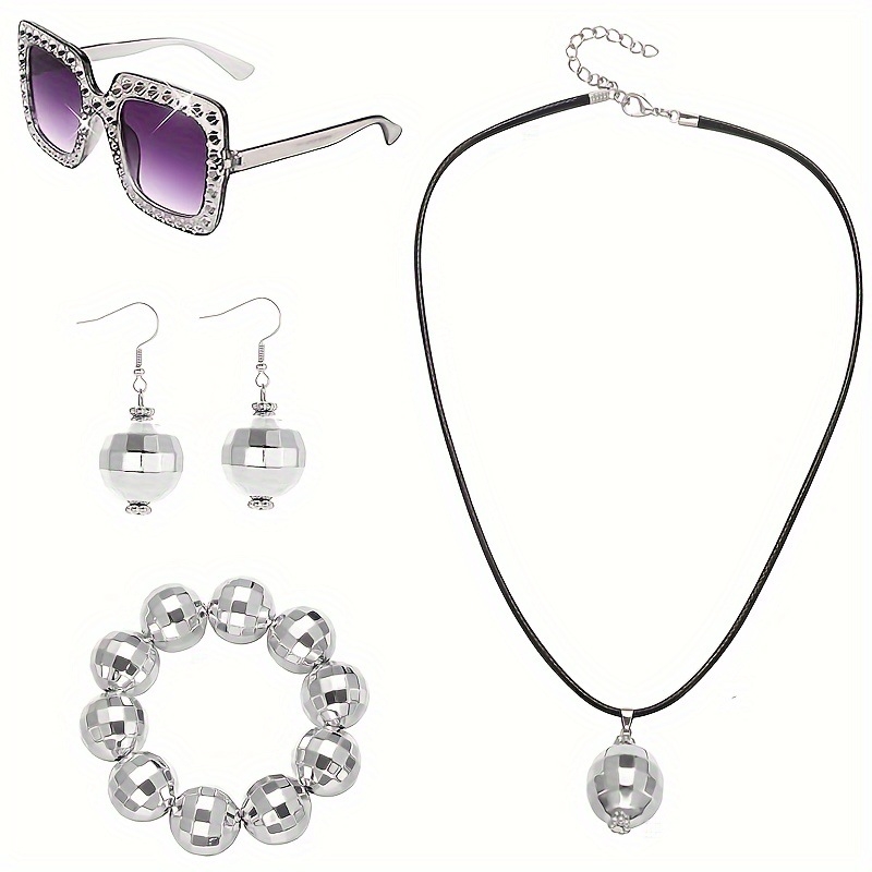 Sky Ornaments Retro 1970-ih Komplet Nakita — Ručno izrađeno od ABS-a, Uže na lanac, Kružni privjesak; Uključuje Ogrlicu, Naušnice, Narukvicu, Gumicu za Kosu i Kristalne Sunčane Naočale