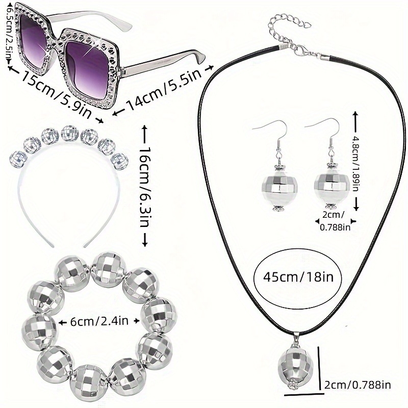 Sky Ornaments Retro 1970-ih Komplet Nakita — Ručno izrađeno od ABS-a, Uže na lanac, Kružni privjesak; Uključuje Ogrlicu, Naušnice, Narukvicu, Gumicu za Kosu i Kristalne Sunčane Naočale