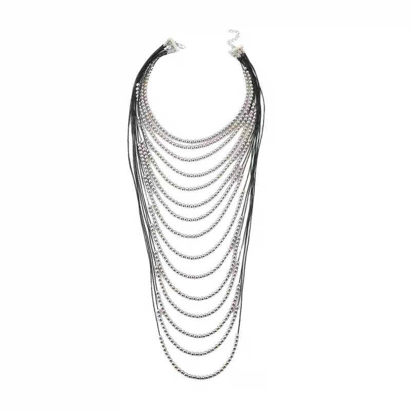 Colier boem etnic multistrat din mărgele, lucrat manual, design geometric, pandantiv din aliaj, lanț obișnuit