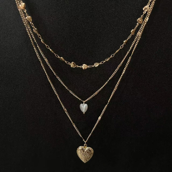 Colier din aliaj, inimă în formă de inimă, în trei straturi, lanț ondulat, placat electro