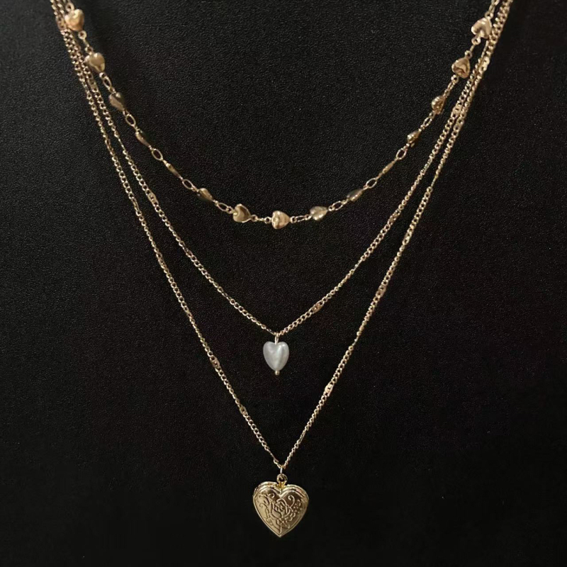 Colier din aliaj, inimă în formă de inimă, în trei straturi, lanț ondulat, placat electro