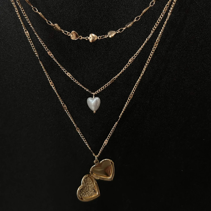 Colier din aliaj, inimă în formă de inimă, în trei straturi, lanț ondulat, placat electro