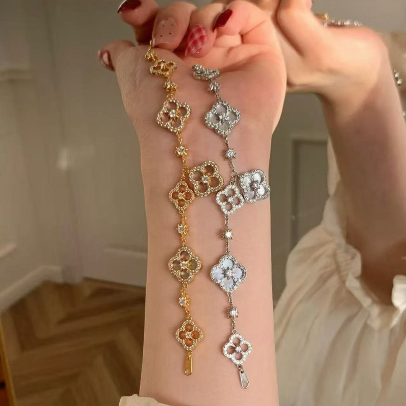 Сет огърлица и гривна от стерлингово сребро 925, кръстосана верига, мотив четирилистна детелина, луксозен стил