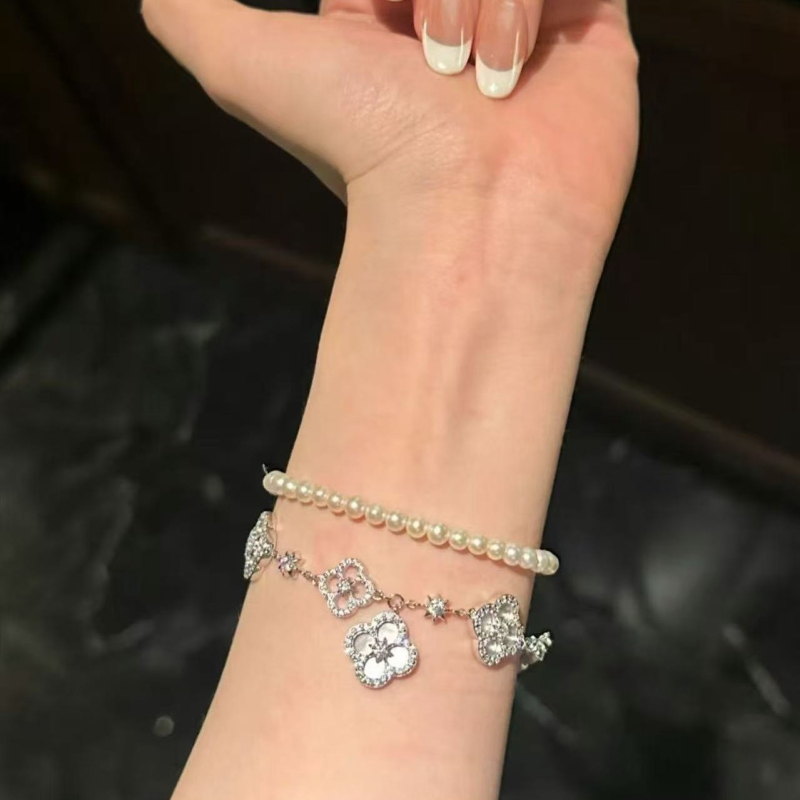 Сет огърлица и гривна от стерлингово сребро 925, кръстосана верига, мотив четирилистна детелина, луксозен стил