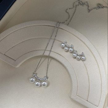 Комплект колие и обеци с перли от S925 сребро — естествени сладководни перли, мотив Усмивка, колие с O-образна верига