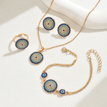 Комплект бижута „Око на дявола“: колие с пръстен-подвес, обеци и аксесоар за ръка — диамантено сияние, цинкова сплав, обикновена верига