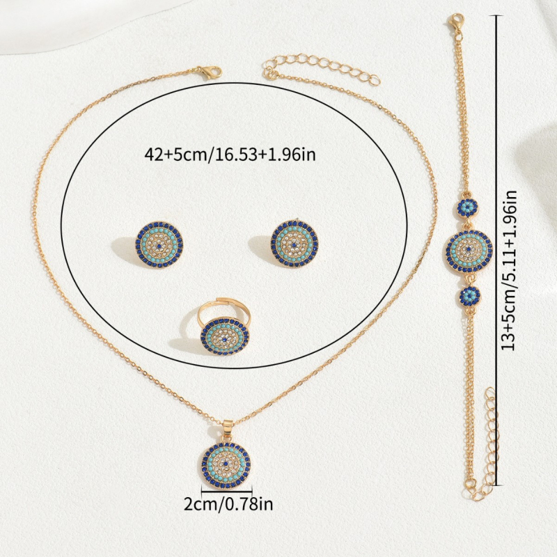 Комплект бижута „Око на дявола“: колие с пръстен-подвес, обеци и аксесоар за ръка — диамантено сияние, цинкова сплав, обикновена верига