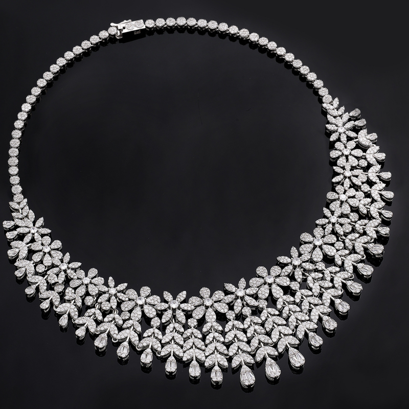 Комплект бижута за жени: колие, обици, пръстен и гривна – меден материал, зиркон инлей, флорален мотив