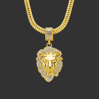 Дълго колие с медальон глава на лъв, унисекс, сплав, инкрустирани кристали, диамантено-ефектно покритие