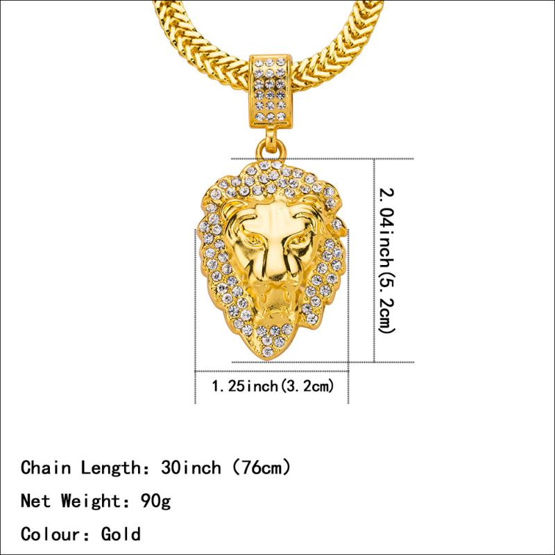 Дълго колие с медальон глава на лъв, унисекс, сплав, инкрустирани кристали, диамантено-ефектно покритие