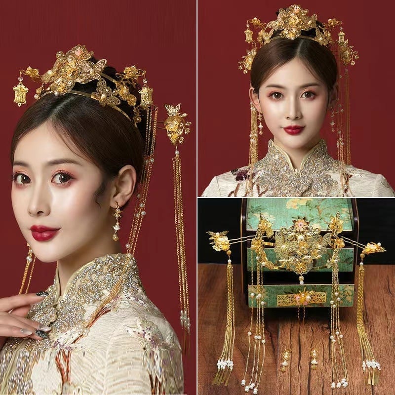 Menyasszonyi fej- és hajdísz kínai stílusú Főnix korona sárkány motívummal, bojtokkal, 2024 tavasz