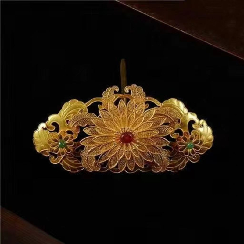 Réz retro Hanfu hajkorona – elektroplatált felület napraforgó berakással