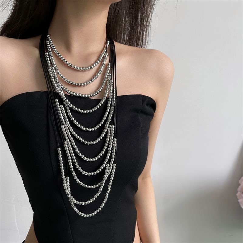 Colier Maidi din aliaj, mărgele cu ciucuri și perle, multistrat, încrustat cu perle, Iarna 2025