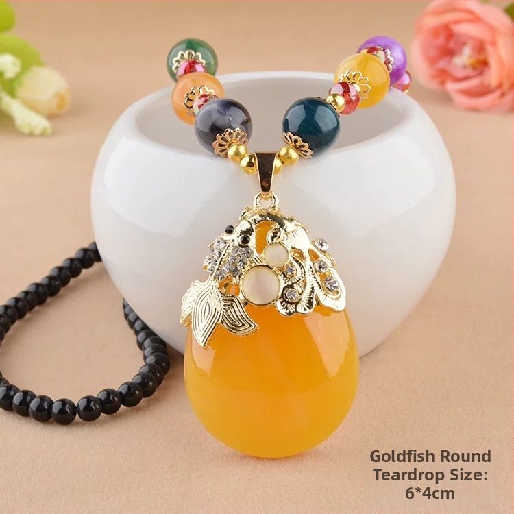 Lanț lung de pulover cu formă geometrică; material: sticlă și lazurit; stil: feminin, vintage; pandantiv din aliaj