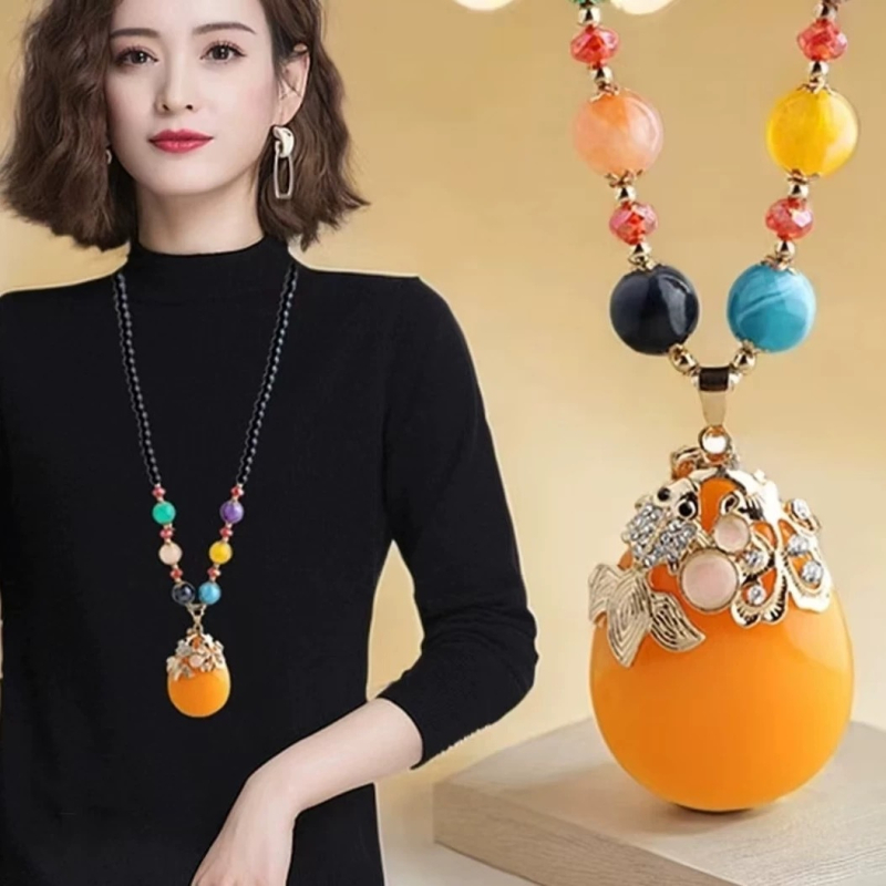 Lanț lung de pulover cu formă geometrică; material: sticlă și lazurit; stil: feminin, vintage; pandantiv din aliaj