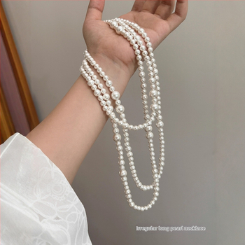 Garš čaulā pērļu kaklarota džemperim, ģeometriska lodīšu ķēde, bez piekariņa, pavasaris 2024