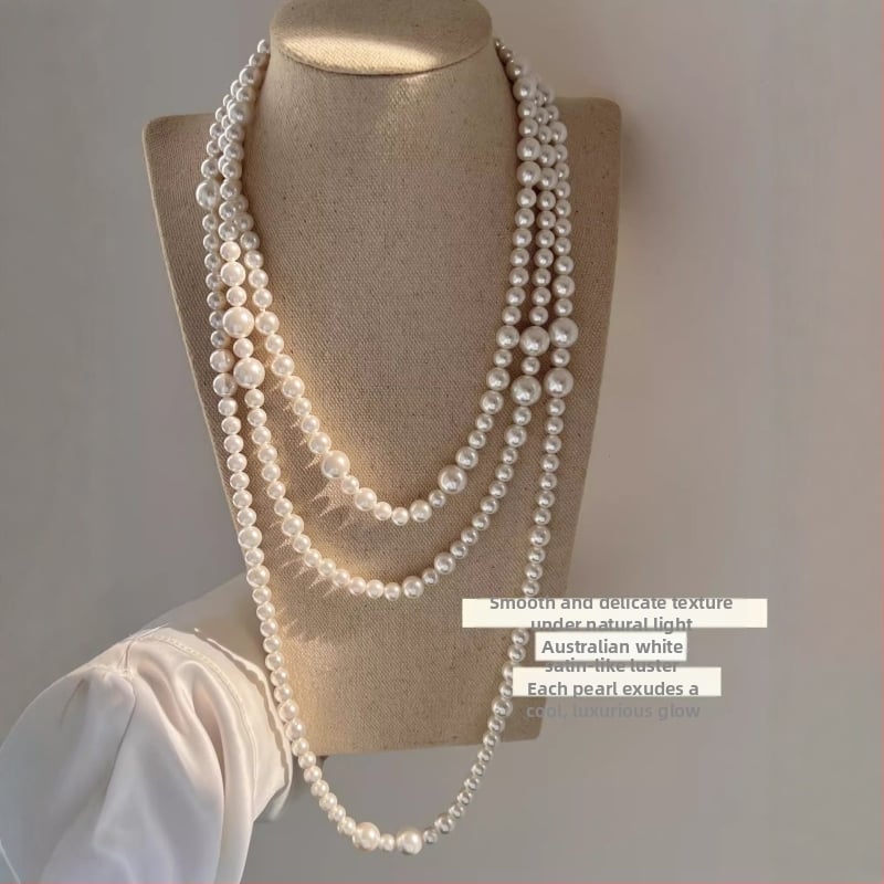 Garš čaulā pērļu kaklarota džemperim, ģeometriska lodīšu ķēde, bez piekariņa, pavasaris 2024