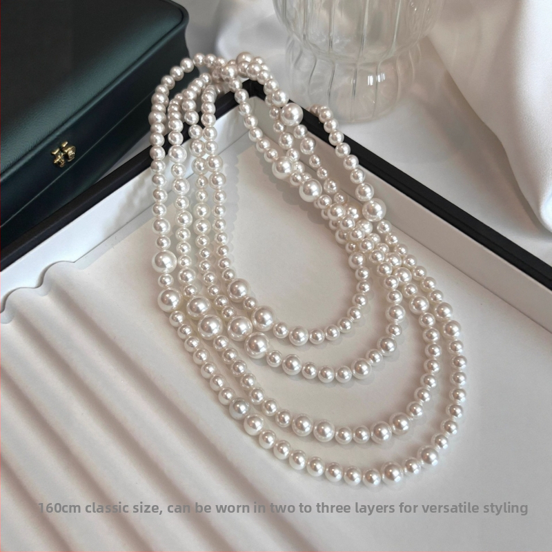 Garš čaulā pērļu kaklarota džemperim, ģeometriska lodīšu ķēde, bez piekariņa, pavasaris 2024