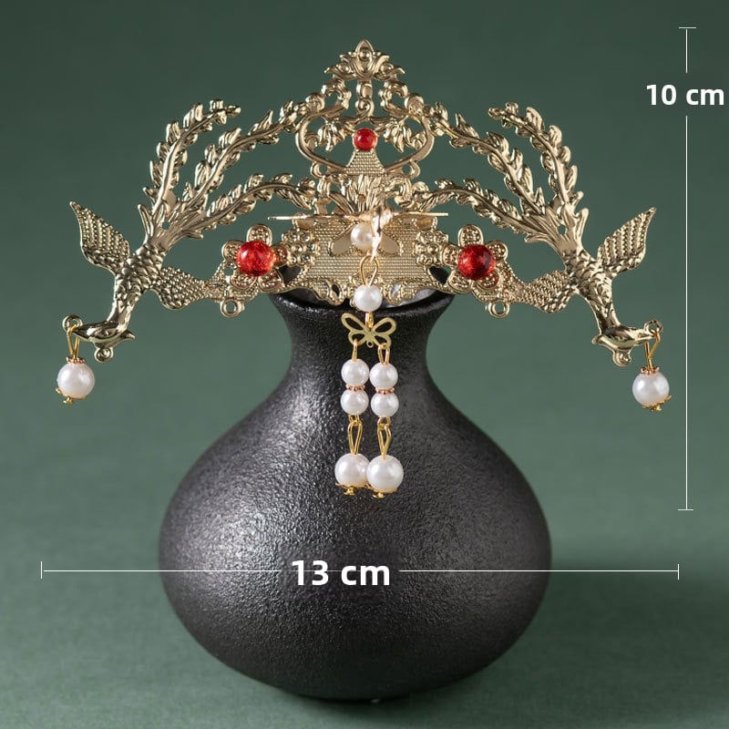 Hanfu plaukų karūna – retro metalo galvos danga, perlų kutai, elektroplatinė danga