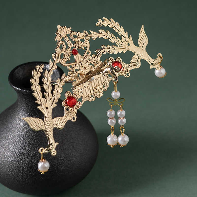 Hanfu hajkorona – retro fémből készült fejfedő, gyöngyös füzérrel a copfhoz, elektroplatírozott