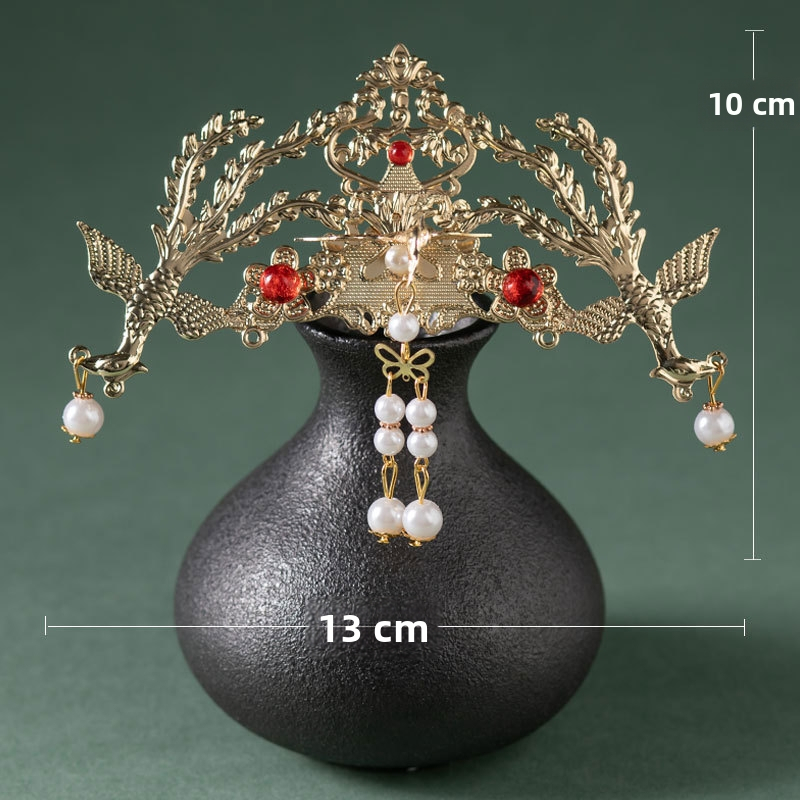 Hanfu plaukų karūna – retro metalo galvos danga, perlų kutai, elektroplatinė danga