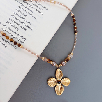 Colier cu piatră ochi de tigru și perle, floare Maillard, șir lung cu mărgele (Materiale: materiale mixte; Tehnică de prelucrare: împletire; Pendent: oțel inoxidabil; Formă: Flori, Geometric; Lanț: șir de mărgele)