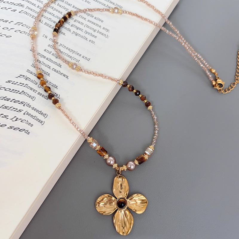 Colier cu piatră ochi de tigru și perle, floare Maillard, șir lung cu mărgele (Materiale: materiale mixte; Tehnică de prelucrare: împletire; Pendent: oțel inoxidabil; Formă: Flori, Geometric; Lanț: șir de mărgele)