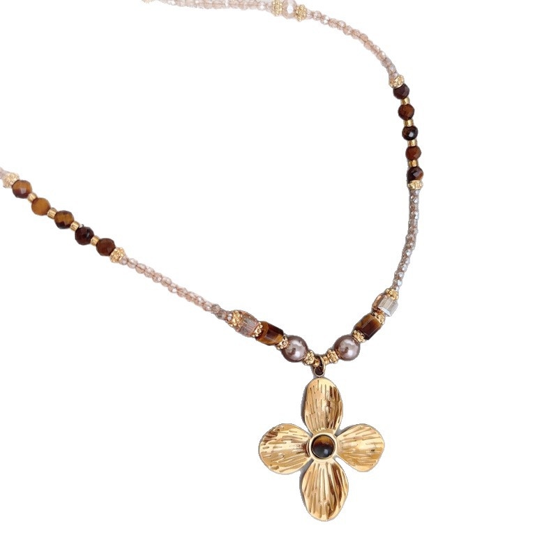 Colier cu piatră ochi de tigru și perle, floare Maillard, șir lung cu mărgele (Materiale: materiale mixte; Tehnică de prelucrare: împletire; Pendent: oțel inoxidabil; Formă: Flori, Geometric; Lanț: șir de mărgele)