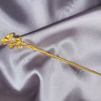 Clema de păr cu frunză de ginkgo, alamă placată cu aur, stil retro, motiv floral, ambalaj individual