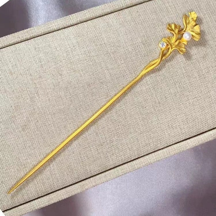 Clema de păr cu frunză de ginkgo, alamă placată cu aur, stil retro, motiv floral, ambalaj individual