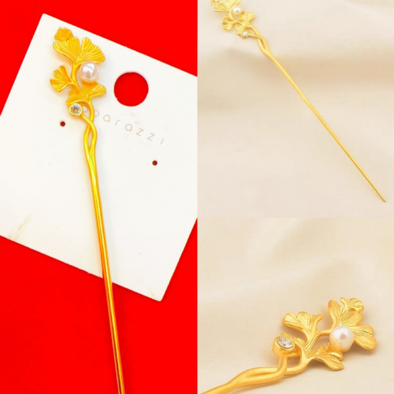 Clema de păr cu frunză de ginkgo, alamă placată cu aur, stil retro, motiv floral, ambalaj individual