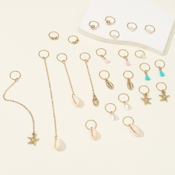 Set accesorii păr pentru dreadlocks, cu inele metalice și agrafe – scoici și stele de mare cu ciucuri, 24 de piese, pentru copii, lucrat manual