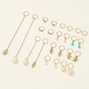 Set accesorii păr pentru dreadlocks, cu inele metalice și agrafe – scoici și stele de mare cu ciucuri, 24 de piese, pentru copii, lucrat manual