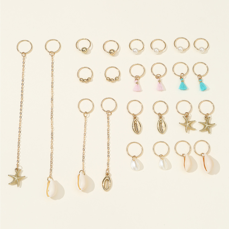 Set accesorii păr pentru dreadlocks, cu inele metalice și agrafe – scoici și stele de mare cu ciucuri, 24 de piese, pentru copii, lucrat manual