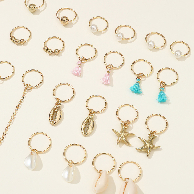 Set accesorii păr pentru dreadlocks, cu inele metalice și agrafe – scoici și stele de mare cu ciucuri, 24 de piese, pentru copii, lucrat manual