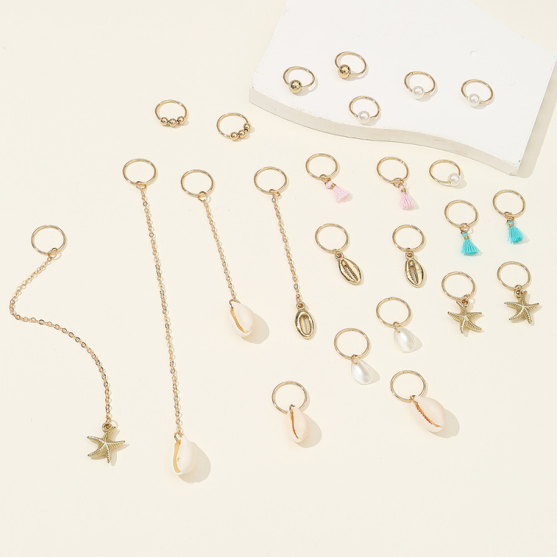Set accesorii păr pentru dreadlocks, cu inele metalice și agrafe – scoici și stele de mare cu ciucuri, 24 de piese, pentru copii, lucrat manual