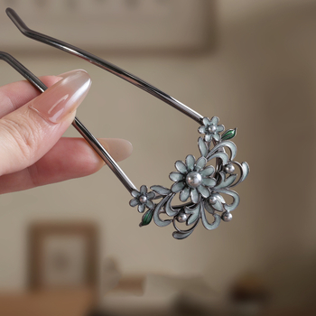 Agrafa de păr cu design decupat de floare în formă de U, aliaj, placare electrolitică, stil simplu