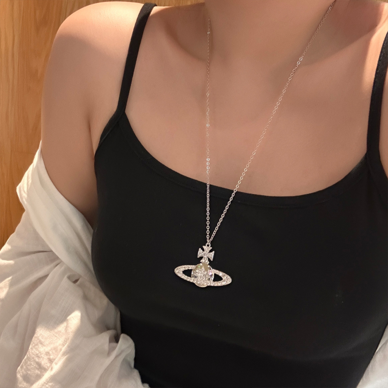 Колие със Сатурн, обсипано с диаманти, ретро дълго синджирче (Сплав; Есен 2025; Индивидуален стил)