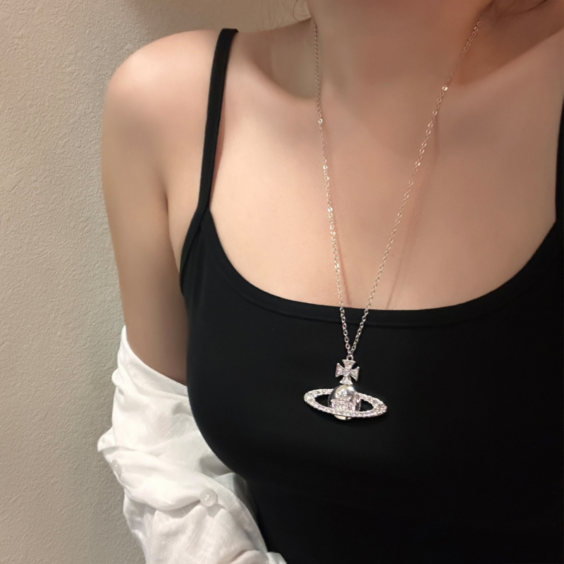 Колие със Сатурн, обсипано с диаманти, ретро дълго синджирче (Сплав; Есен 2025; Индивидуален стил)