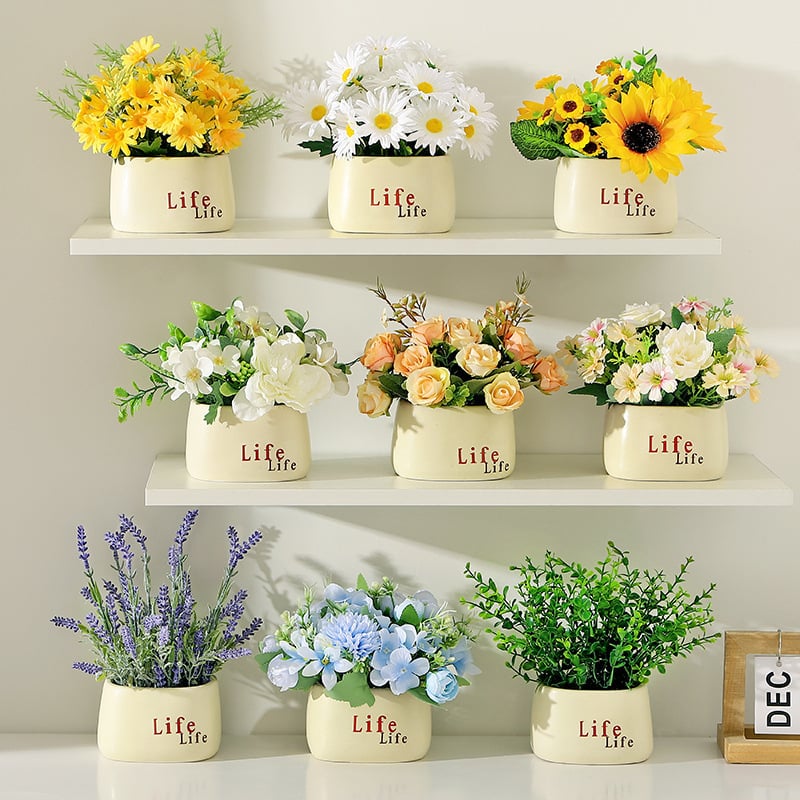 Керамична изкуствена цветна композиция | боядисана повърхност, флокинг завършек; Състав: изсушени цветя, копринени цветя; Видове: маргаритка, евкалипт, слънчоглед; Приложение: домашна декорация, реквизит за фотография