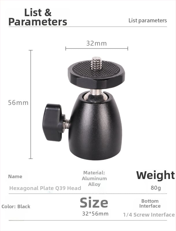 Q29 pusmetalinė rutulinė galva statybai, aliuminio lydinys, 360° horizontalis sukimasis, 90° vertikalus pakrypimas, srieginis tvirtinimas