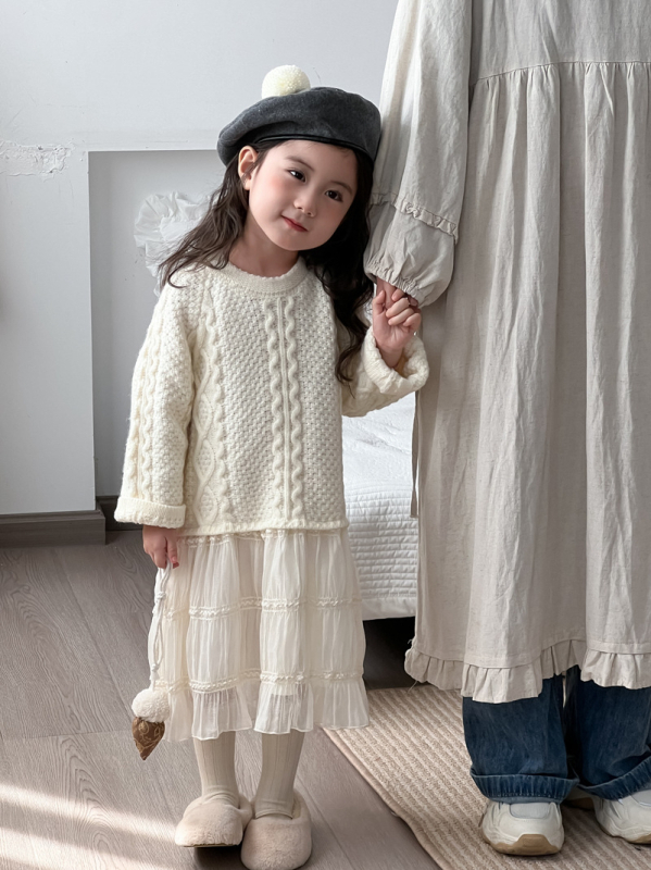 Dječje pletene haljine s mrežastim umetkom, korejski stil, princes haljina, pamuk, podstava 90% pamuka, za uzrast 3–8 godina