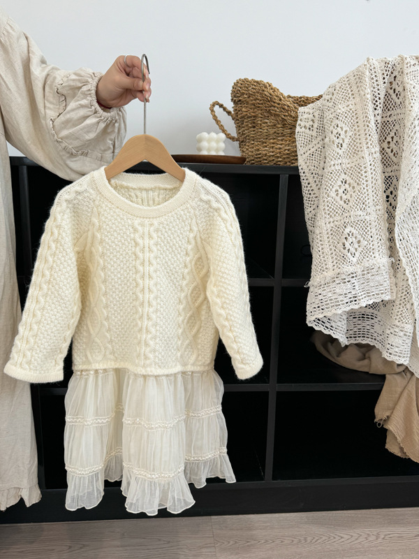 Dječje pletene haljine s mrežastim umetkom, korejski stil, princes haljina, pamuk, podstava 90% pamuka, za uzrast 3–8 godina