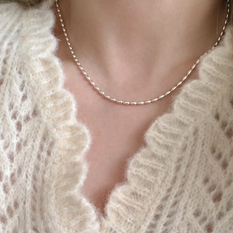 Colier Hansa cu placare argintie S925, mărgele tip orez și măslină, lanț clavicular, stil geometric