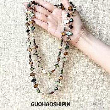 Огърлица от мидени мъниста с неравен геометричен дизайн, многослойна верига за пуловер, винтидж стил за жени