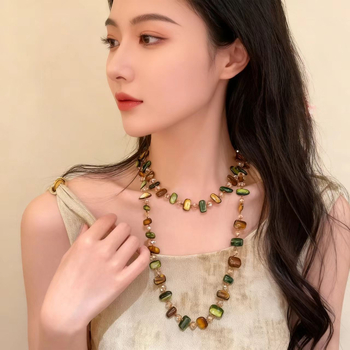 Огърлица от мидени мъниста с неравен геометричен дизайн, многослойна верига за пуловер, винтидж стил за жени