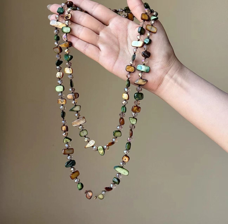 Огърлица от мидени мъниста с неравен геометричен дизайн, многослойна верига за пуловер, винтидж стил за жени